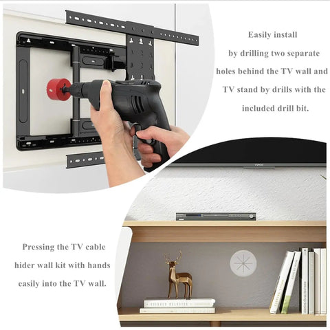 Hide Messy TV Cables Behind The Wall With This In Wall Cable Management Kit 4 Pass Throughs 1 Hole Saw Drill Attachment Two And Three Eighths Inch Hole Easy To Install For Wall Mounted Televisions Durable In Wall Wire Hider being installed