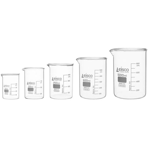 Premium Borosilicate Glass Beaker Set With 50 mL 100 mL 250 mL 600 mL And 1000 mL Low Form Beakers White Graduation Markings