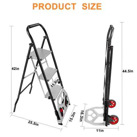 2 In 1 Hand Truck And Step Ladder Foldable Dolly Cart Heavy Duty For Moving Up To 330 Lb Reach High Shelves And Tight Spaces At Home Shop Or Job Site Smooth Rolling Wheels And Solid Stand For Everyday Use, product size diagram showing 42in ladder height and 44.5in folded height