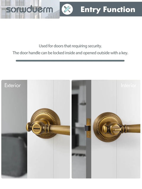 Antique Brass Door Lever Privacy Handle, 1 Pack Zinc Alloy, Fits Most Doors, Built To Last Interior Privacy Thumb Turn Lock for Bedroom and Bathroom, dual view with exterior and interior locks visible