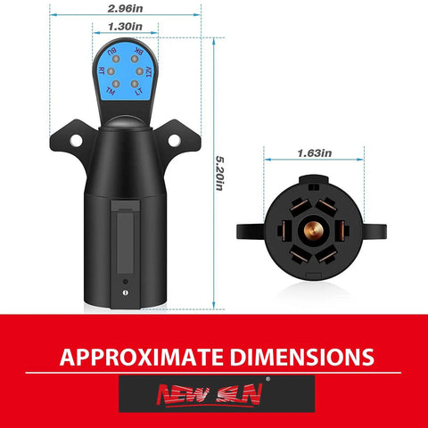 7 Pin Trailer Tester With LED Indicators And 7 Way RV Blade Round Plug, Easy Plug And Play Setup, DIY Trailer Wiring Checker For Cars, Trucks, Campers, Boats, And Utility Trailers dimensions, black nylon body with copper terminals
