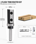 Heavy Duty Flush Trim Router Bit With Quarter Inch Shank And Five Eighths Inch Cut Diameter Featuring Dual Reversible Carbide Inserts with specifications.