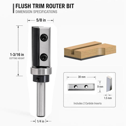 Heavy Duty Flush Trim Router Bit With Quarter Inch Shank And Five Eighths Inch Cut Diameter Featuring Dual Reversible Carbide Inserts with specifications.