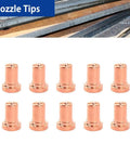 Copper nozzle tips for Plasma Cutter Consumables Kit 80 Piece Set For PT31 Torch with metal sheets in background