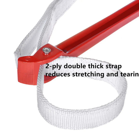 Close-up of red 12 Inch Handle Strap Wrench with no slip adjustable nylon strap, highlighting double layer thickened strap.