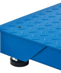 Close-up of Rock Solid Ntep Certified Pallet Scale with bright blue steel deck and smooth rollin casters for warehouse grind.