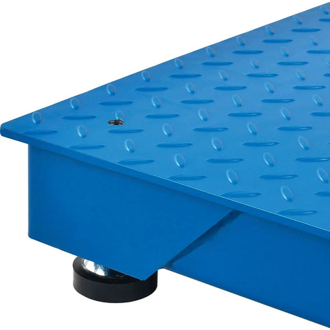 Close-up of Rock Solid Ntep Certified Pallet Scale with bright blue steel deck and smooth rollin casters for warehouse grind.