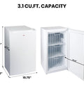 Hella Compact 3.1 Cubic Feet White Upright Freezer With Three Wire Baskets Garage Ready, front and side view with dimensions.