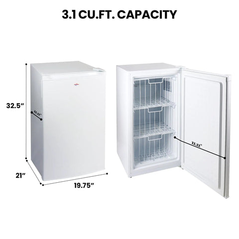 Hella Compact 3.1 Cubic Feet White Upright Freezer With Three Wire Baskets Garage Ready, front and side view with dimensions.