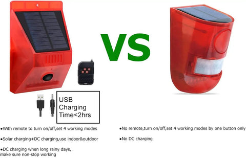 Comparison of two solar outdoor motion alarms, one with USB charging and remote control, showing design differences and features.