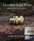 Genuine solid brass garden hose quick connect on stone surface with weight shown; part of Brass 4-Piece Quick Connect Garden Hose Fittings, 2 Sets