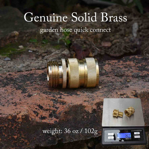 Genuine solid brass garden hose quick connect on stone surface with weight shown; part of Brass 4-Piece Quick Connect Garden Hose Fittings, 2 Sets