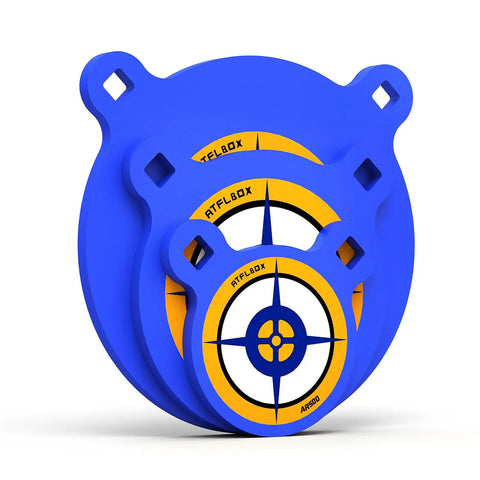 AR500 Steel Target Set With One Half Inch Thick Gongs For Shooting, 4 Inch 6 Inch 8 Inch Silhouette Targets in blue and yellow bullseye design