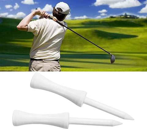 Golfer swinging with Wooden Golf Tees 83mm White Step Down 100 Count Durable Hardwood Practice Tees For Standard Cup Size 0.44 Inch Fixed Height