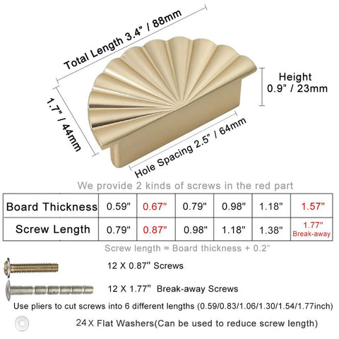 Semicircle Sunflower Cabinet Pulls In Brushed Gold Finish 6 Pack with screw and size details, durable zinc alloy handle design.