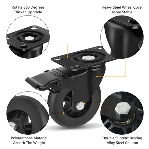 Heavy Duty 4 Inch Locking Swivel Caster Wheels Set Of Four Solid Rubber Furniture Cart Casters Loaded Up Without Breaking A Sweat Roll Like Butter 2200 Lbs Max Payload close-up of wheel and locking mechanism.