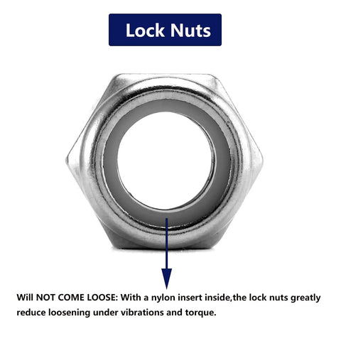Beefy Nylon Insert Hex Lock Nuts Set 3/8-16, 100 Pcs, 304 Stainless Steel, close-up showing nylon insert inside nut