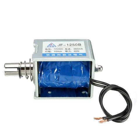DC 12V 60N Push Pull Open Frame Solenoid Electromagnet With 10mm Stroke For Smooth Linear Motion, Spring Return, Low Power Draw, Low Heat, Beefy Rock Solid Actuator For Automation Doors Latching And Robotic Projects, open-frame unit with spring and wire lead
