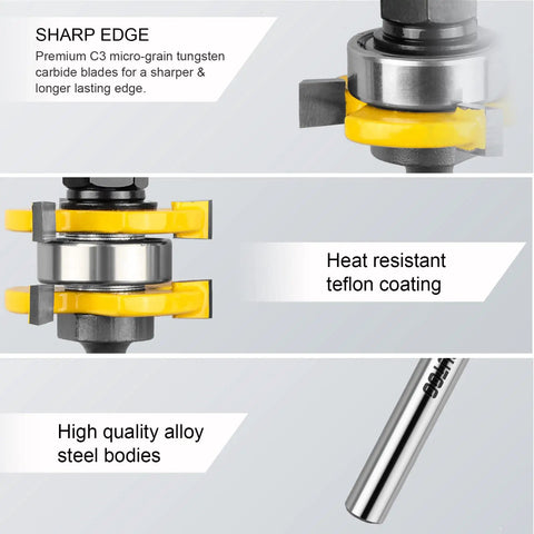Rock Solid T Shape Tongue And Groove Router Bit Set One Quarter Inch Shank with sharp tungsten carbide blades for woodworking.