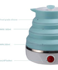 Close-up of Foldable Travel Electric Kettle With Collapsible Food Grade Silicone 600ml Capacity Dual Voltage 110-220V US Plug Ultra Portable Blue Kettle