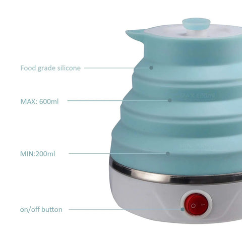 Close-up of Foldable Travel Electric Kettle With Collapsible Food Grade Silicone 600ml Capacity Dual Voltage 110-220V US Plug Ultra Portable Blue Kettle