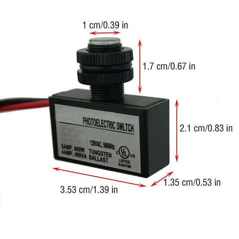 Dimensional view of Outdoor Sensor Light Switch With Photocell For Dusk To Dawn Auto On Off 120V Heavy Duty Hard Wired