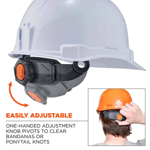 Vented Hard Hat With Light For Night Safety, Full Brim Style, Ratchet Suspension, Class C, Skullerz 8973LED White adjuster detail