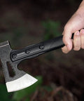 Camping Hatchet For Real Wood Chopping And Outdoor Survival with fiberglass handle and stainless steel blade in hand
