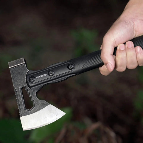 Camping Hatchet For Real Wood Chopping And Outdoor Survival with fiberglass handle and stainless steel blade in hand