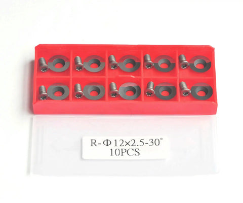 Hard As Nails 12mm Round Carbide Cutter Inserts For Woodworking Lathes And Wood Turning Hollowing Finisher Tools With Mounting Screws Set Of 10 Slick Replacement Bits in red case.