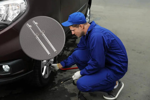 Dual Head Truck Tire Pressure Gauge With Plastic Scale Plate, Zinc Alloy Heads, Push Pull Chucks For Outer And Inner Wheels, 30 Degree Reverse Head For Tight Valves, Hanging Ring For Easy Storage, Precise Pressure Readouts in use on a car tire