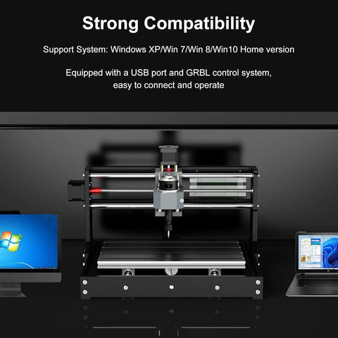 Badass Desktop CNC Router With Three Axis Engraving Power For Smooth Cutting On Wood Plastic Acrylic And Soft Metals Featuring Smart GRBL Control showing a USB connection and work area.