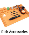 2 In 1 Hot Air Rework Station Kit With 760W Soldering Iron And Soldering Mat, tools arranged on orange mat