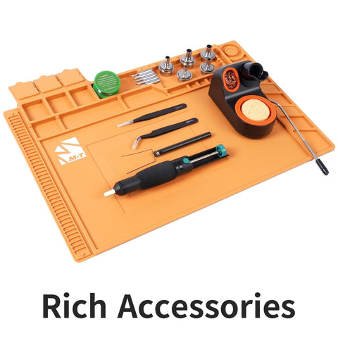 2 In 1 Hot Air Rework Station Kit With 760W Soldering Iron And Soldering Mat, tools arranged on orange mat