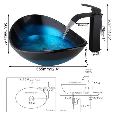 Blue Oval Glass Vessel Sink With Waterfall Faucet And Pop Up Drain Above Counter Bathroom Vessel Sink Artistic Tempered Glass Bowl Modern Dope Boat Shape Design For Stylish Home Renovation