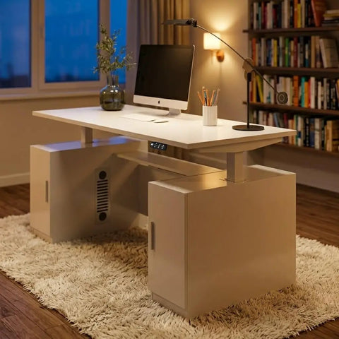 Kickass Hella Spacious Dual Motor Height Adjustable Electric Standing Desk Smooth 67 Inch Wide White Sit Stand Workstation showcasing dual cabinets.