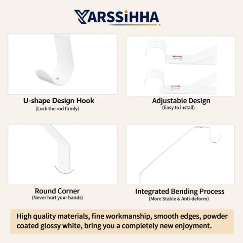 Heavy Duty Adjustable Closet Rod Brackets Two Pack Wall Mounted White Shelf Support design features, including U-shape hook and adjustable arms.