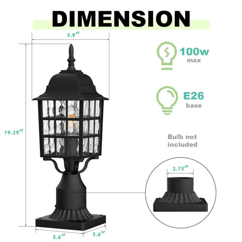 Outdoor Post Light 2 Pack Black Aluminum Lanterns With Pier Mount Base Waterproof Rust Resistant Exterior Lamps Featuring Water Ripple Glass dimensions