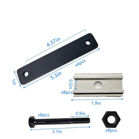 Heavy Duty Roof Rack Mounting Kit With 28 Piece Hardware Set showing sizes of blocks, screws, and nuts, including aluminum and stainless pieces.