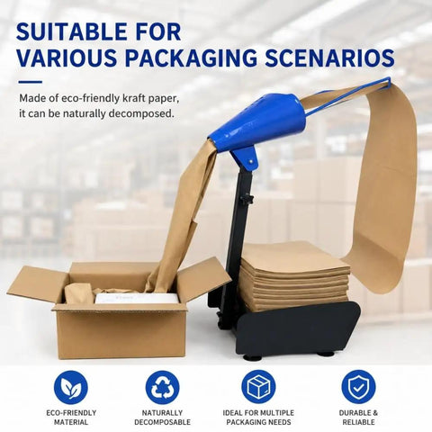 Manual Void Fill Dispenser For Kraft Buffer Paper Adjustable Height Cushioning Machine With Rock Solid Suction Base Smooth Operator Shipping Workhorse Quick Release, with kraft paper roll dispenser next to packing box.