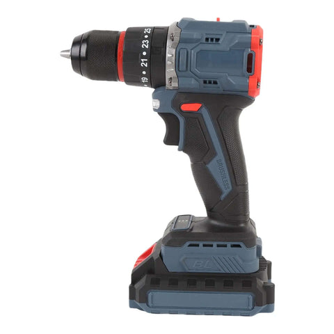 Built Different Cordless Drill And Screwdriver Kit With 25 Gear Torsion Electric Power Tool Set showing side view brushless design.