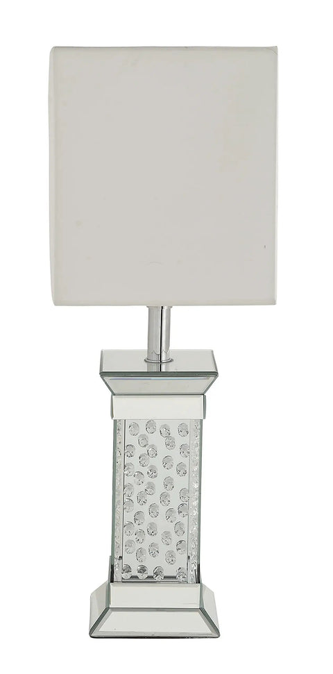 Glam Glass Room Table Lamp With Mirrored Accent 13 By 13 By 30 Inches Silver Finish with cream shade displayed against a white background