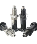 Boss Level Self Locking Indexing Plunger M10 Through M16 with rugged aluminum knob, set of four in black matte finish, fine thread design.