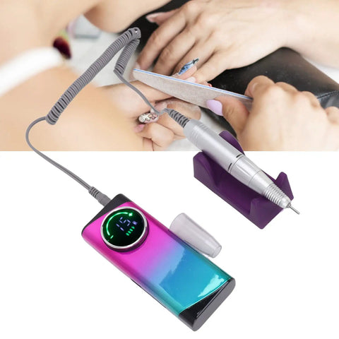 Badass Cordless Electric Nail Drill Machine Packing 30000 Rpm Power And A Massive 2600Mah Battery With Six Interchangeable Grinding Heads For Dope Gel Acrylic Manicures On The Go, shown in use with nails.
