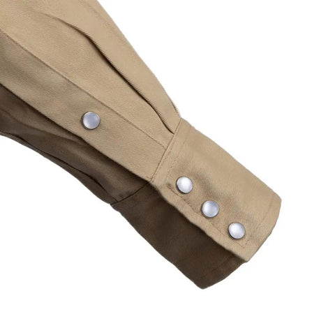 Close-up of sleeve, Flame Resistant Shirt, 100 Percent Cotton Twill, Lightweight 7 Ounce, Khaki Large, pearl snap cuffs visible