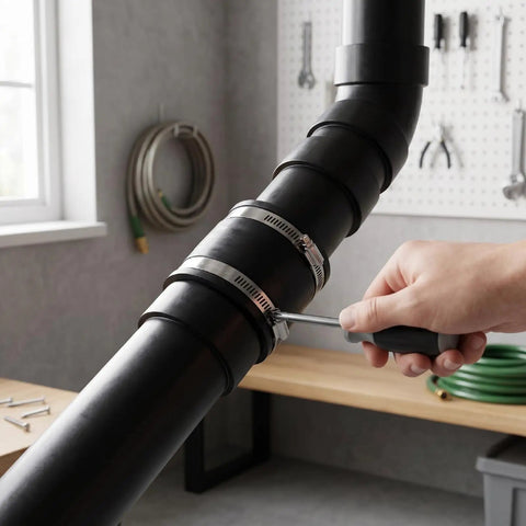 Heavy Duty Steel Port Receiver With 4 Inch Dust Collection Fitting and Rubber Couplers For Woodworking Shop Adapter, being tightened with a screwdriver.