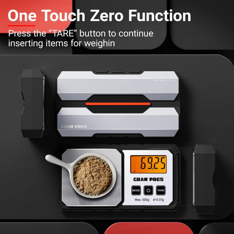 Ultra Portable Digital Gram Scale, 500G Capacity, 0.01G Accuracy with backlit LCD displaying 69.25, spoon with powder visible.