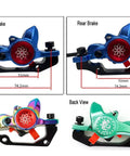 Heavy Duty Hydraulic Disc Brake Kit With 800mm Front And 1400mm Rear Lines Twin Pistons, front and rear views, blue and green finish.