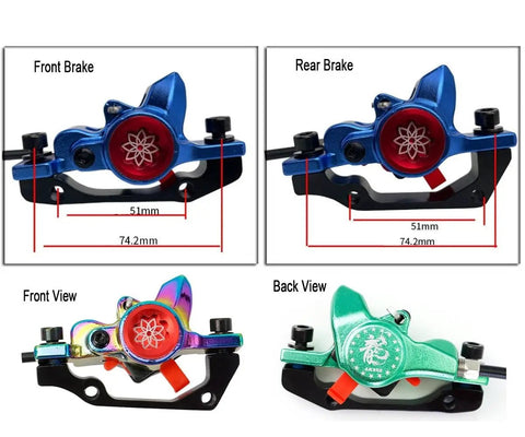 Heavy Duty Hydraulic Disc Brake Kit With 800mm Front And 1400mm Rear Lines Twin Pistons, front and rear views, blue and green finish.