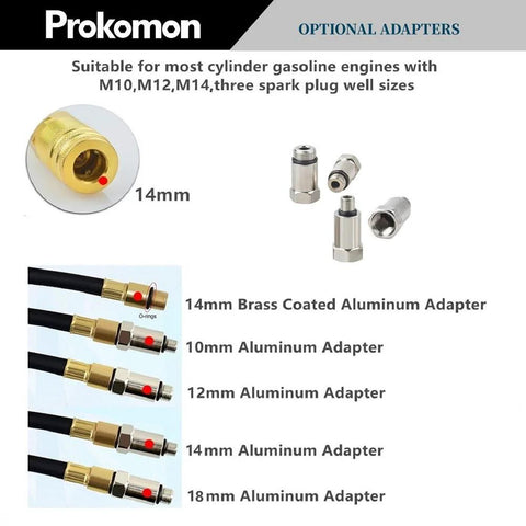 Prokomon engine cylinder leak-down tester kit with brass 14mm adapter and aluminum adapters (10/12/14/18 mm)